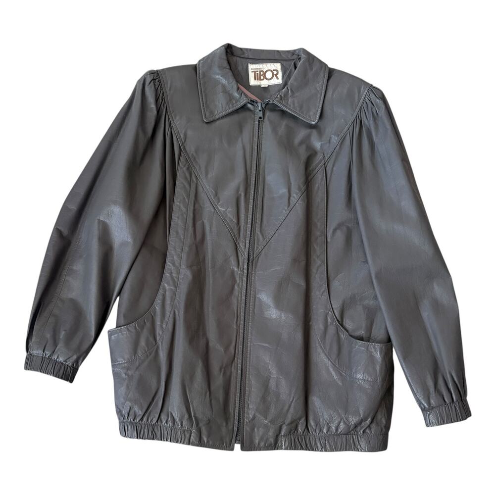Vintage Tibor Real Leather Jacket Womens 12 Charcoal Gray Bomber Slouchy